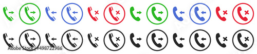 Set of icons: incoming call, outgoing call, missed call. Buttons, answer phone call, decline phone call and incoming call, outgoing call, missed call. Vector illustration.