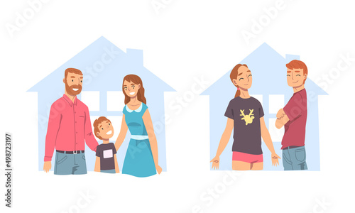 Set of happy families inside the house. People dreaming about new dwelling, stay at home concept cartoon vector illustration