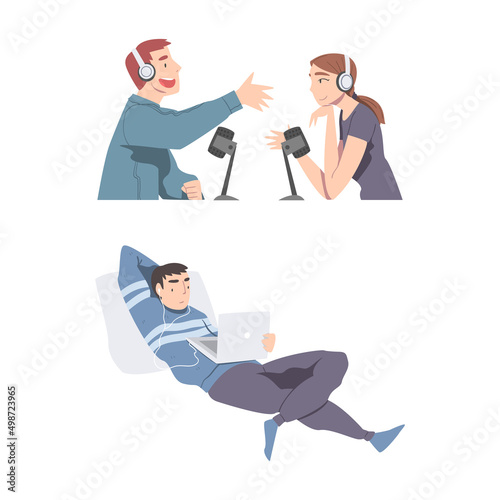 People in headphones talking in studio with microphones. Radio host interviewing guest cartoon vector illustration