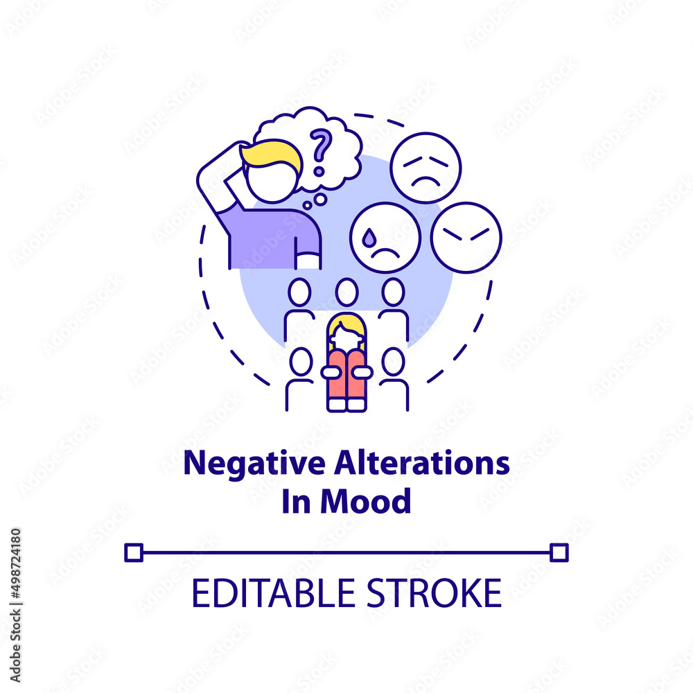 Negative alterations in mood concept icon. Dissociative amnesia. Criteria for PTSD abstract idea thin line illustration. Isolated outline drawing. Editable stroke. Arial, Myriad Pro-Bold fonts used Negative alterations in mood concept icon. Dissociative amnesia. Criteria for PTSD abstract idea thin line illustration. Isolated outline drawing. Editable stroke. Arial, Myriad Pro-Bold fonts used