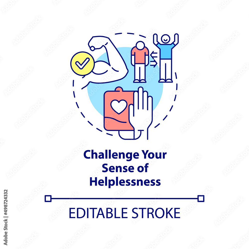 Challenge your sense of helplessness concept icon. Self help with PTSD abstract idea thin line illustration. Isolated outline drawing. Editable stroke. Arial, Myriad Pro-Bold fonts used