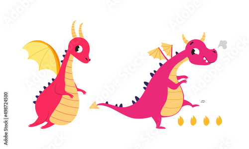 Cute baby dragons set. Funny bright little dinosaurs  fairytale creatures cartoon vector illustration