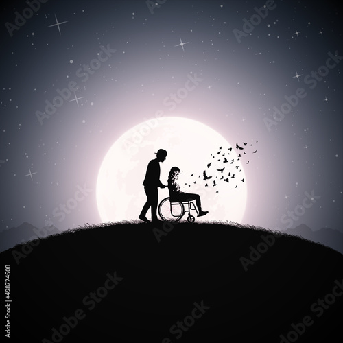 Disabled woman in wheelchair. Couple in love. Afterlife. Full moon