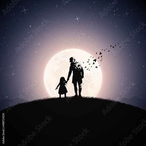 Father and daughter silhouette. Death and afterlife. Full moon night
