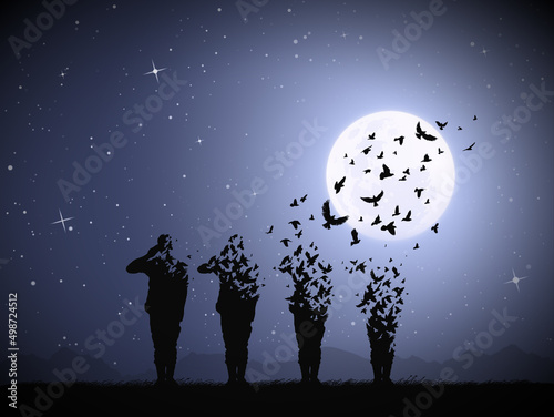 Soldiers silhouettes. Army on battlefield. Death, Afterlife. Full moon