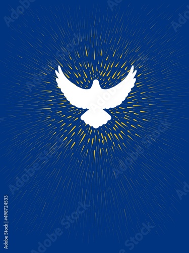 Illustrazione di colomba bianca pasquale con luce raggiante dorata sfondo blu photo