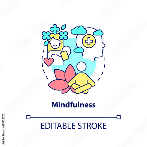 Mindfulness concept icon. Mind relaxing practices. Coping with PTSD abstract idea thin line illustration. Isolated outline drawing. Editable stroke. Arial, Myriad Pro-Bold fonts used