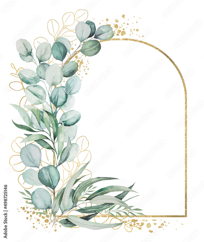 Watercolor Green Eucalyptus Leaves Golden Frame Wedding And Greeting Illustration Stock 7376