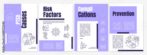 PTSD mental issue word concepts purple banner. Reaction on stress. Infographics with icons on color background. Isolated typography. Vector illustration with text. Anton, Lato-Regular fonts used