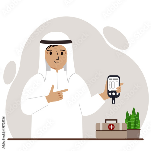 Happy muslimman holds a glucometer in his hand. The concept of blood sugar control, diabetic.