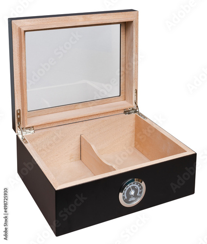 Fotografija Open Black Wooden Humidor Cigar Box with Hygrometer