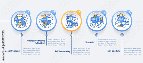 PTSD overcoming process circle infographic template. Mental health. Data visualization with 5 steps. Process timeline info chart. Workflow layout with line icons. Lato-Bold, Regular fonts used