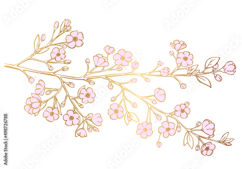 Luxury golden beautiful cherry branch with pink flowers isolated on white background. Vector Illustration