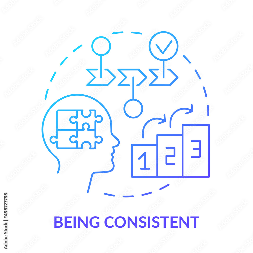 Being consistent blue gradient concept icon. Logical and rational. Impression management technique abstract idea thin line illustration. Isolated outline drawing. Myriad Pro-Bold font used Being consistent blue gradient concept icon. Logical and rational. Impression management technique abstract idea thin line illustration. Isolated outline drawing. Myriad Pro-Bold font used