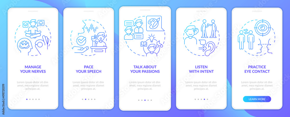Steps to charisma blue gradient onboarding mobile app screen. Walkthrough 5 steps graphic instructions pages with linear concepts. UI, UX, GUI template. Myriad Pro-Bold, Regular fonts used
