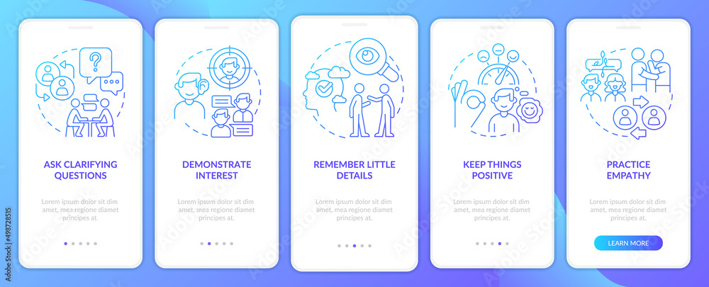 Steps to build charisma blue gradient onboarding mobile app screen. Walkthrough 5 steps graphic instructions pages with linear concepts. UI, UX, GUI template. Myriad Pro-Bold, Regular fonts used