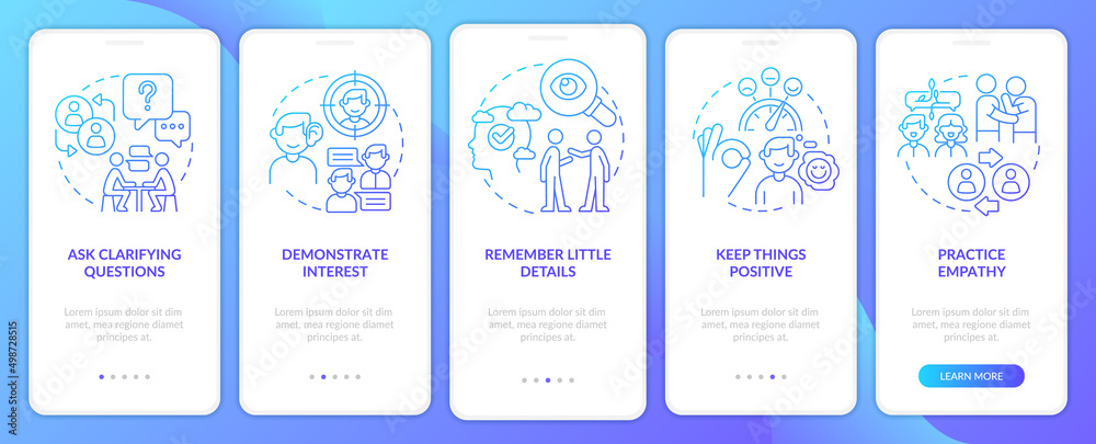 Naklejka premium Steps to build charisma blue gradient onboarding mobile app screen. Walkthrough 5 steps graphic instructions pages with linear concepts. UI, UX, GUI template. Myriad Pro-Bold, Regular fonts used