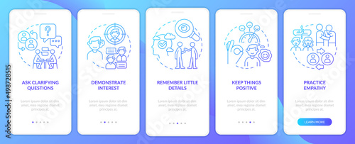 Steps to build charisma blue gradient onboarding mobile app screen. Walkthrough 5 steps graphic instructions pages with linear concepts. UI, UX, GUI template. Myriad Pro-Bold, Regular fonts used