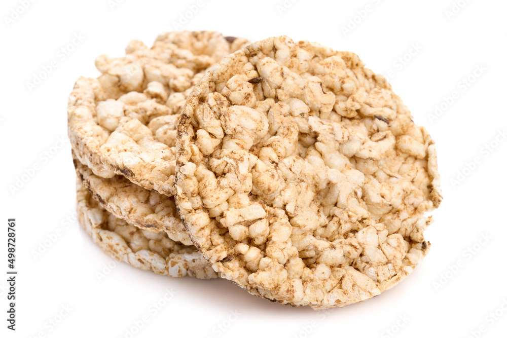 Puffed rice bread isolated on white background. Rice cakes. Round diet crispbreads on a white background. Round shaped cereal bread, healthy food without yeast. Puffed rice bread isolated on white background. Rice cakes. Round diet crispbreads on a white background. Round shaped cereal bread, healthy food without yeast.