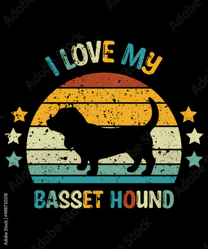 Basset Hound Retro Vintage Sunset T-shirt Design template, Basset Hound on Board, Car Window Sticker, POD, cover, Isolated white background, White Dog Silhouette Gift for Basset Hound Lover photo