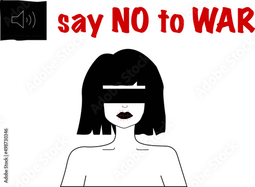 illustration of blindfolded woman near say no to war lettering on white.