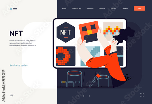 Technology Memphis -NFT Non-Fungible Token -modern flat vector concept digital illustration of placing a NFT object into the blackchain. Creative landing web page template