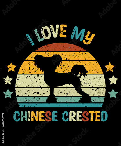 Chinese Crested Retro Vintage Sunset T-shirt Design template, Chinese Crested on Board, Car Window Sticker, POD, cover, Isolated white background, White Dog Silhouette Gift for Chinese Crested Lover