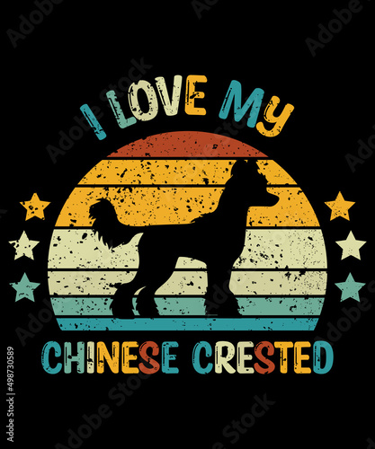 Chinese Crested Retro Vintage Sunset T-shirt Design template, Chinese Crested on Board, Car Window Sticker, POD, cover, Isolated white background, White Dog Silhouette Gift for Chinese Crested Lover