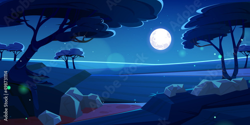 Savannah landscape with acacia trees at night. Vector cartoon illustration of african savanna with full moon and stars in dark sky. Concept of safari, vacation trip and travel