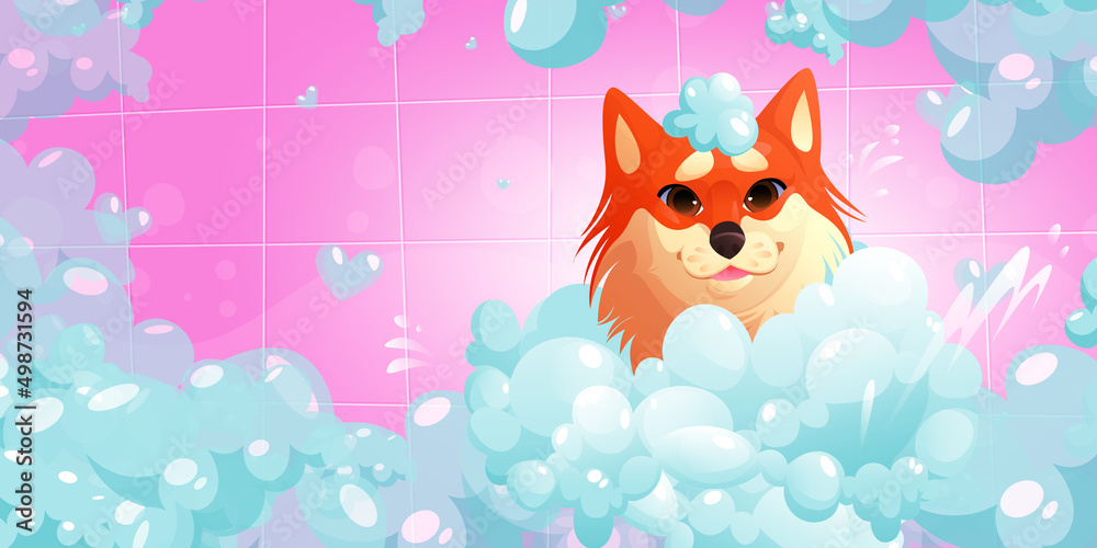 Dog washing procedure in spa or pets grooming salon, animal care services. Funny corgi puppy with foam on head enjoying salon pampering sit in tub with shampoo bubbles Cartoon vector Illustration