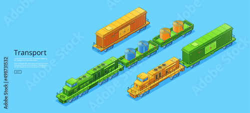 Transport banner with isometric cargo trains with locomotive, freight cars and platforms. Vector poster of railway transportation with flat illustration of modern trains with cargo wagons and flatcars
