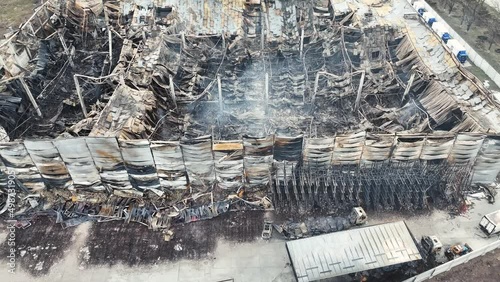 Blown up burnt building. Bombing attack in Ukraine.