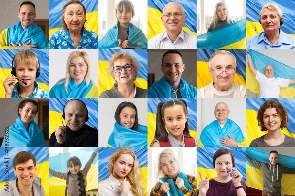 Collage of many smiling happy people children with a ukrainian flags. Banner Collage of many smiling happy people children with a ukrainian flags. Banner