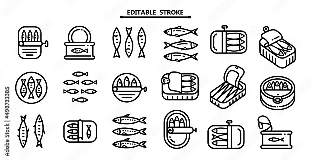Sardine icons set outline editable stroke vector Sardine icons set outline editable stroke vector