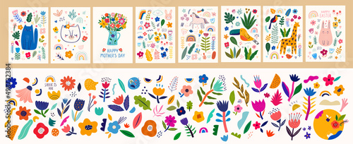 Baby posters and cards with animals and flowers pattern. Vector illustrations with cute animals. Baby illustrations. flower collection with roses, leaves, floral bouquets, flower compositions © moleskostudio