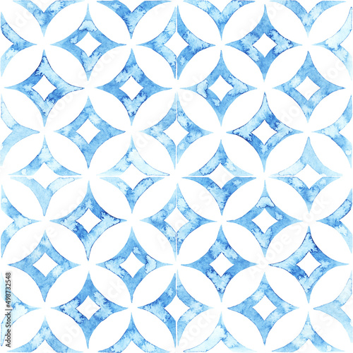 Seamless watercolor pattern. Blue and white print for textiles, home decor. Cute geometric ornament. Vector illustration.