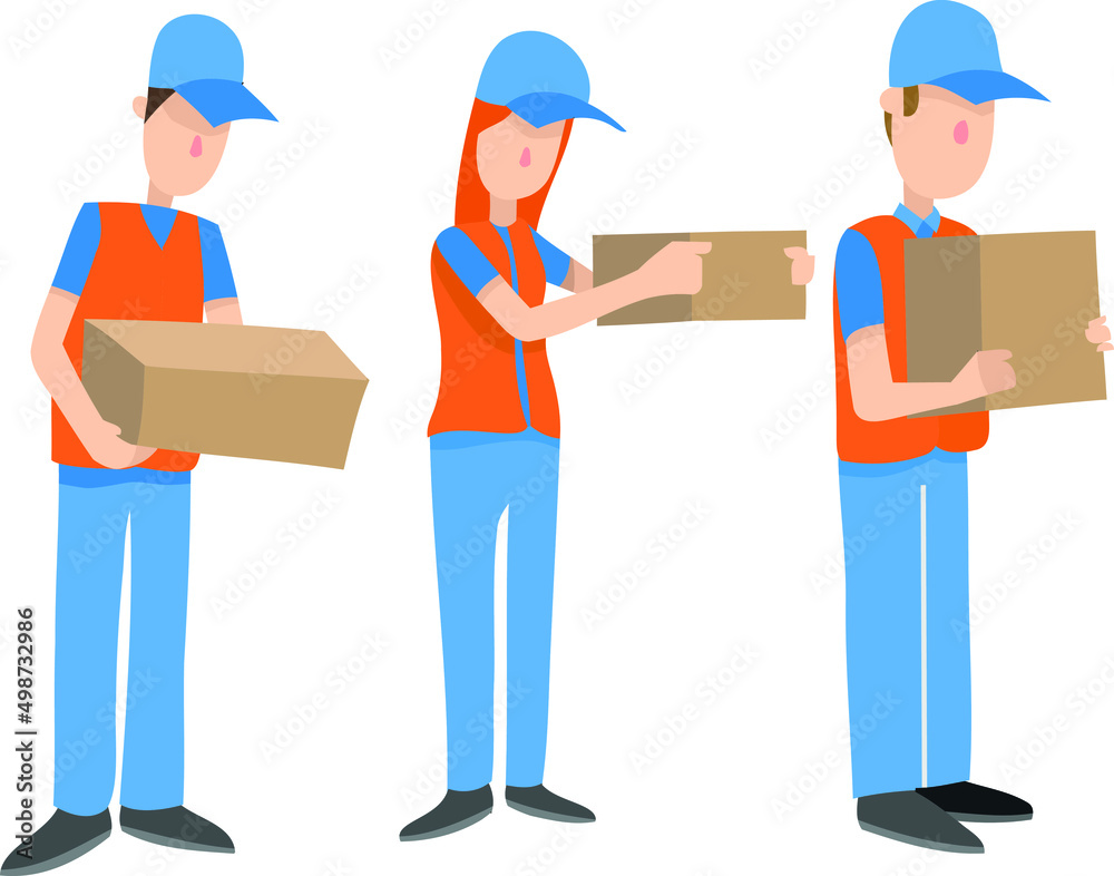 Obraz premium Ilustracion vectorial plana de varios trabajadores entregando un paquete.