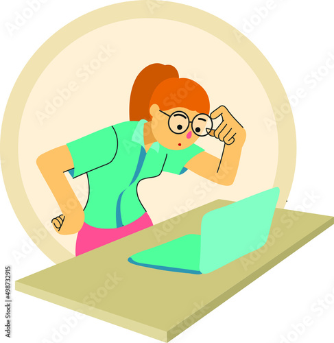 ilustracion vectorial de chica joven usando las gafas para leer en un ordenador portatil