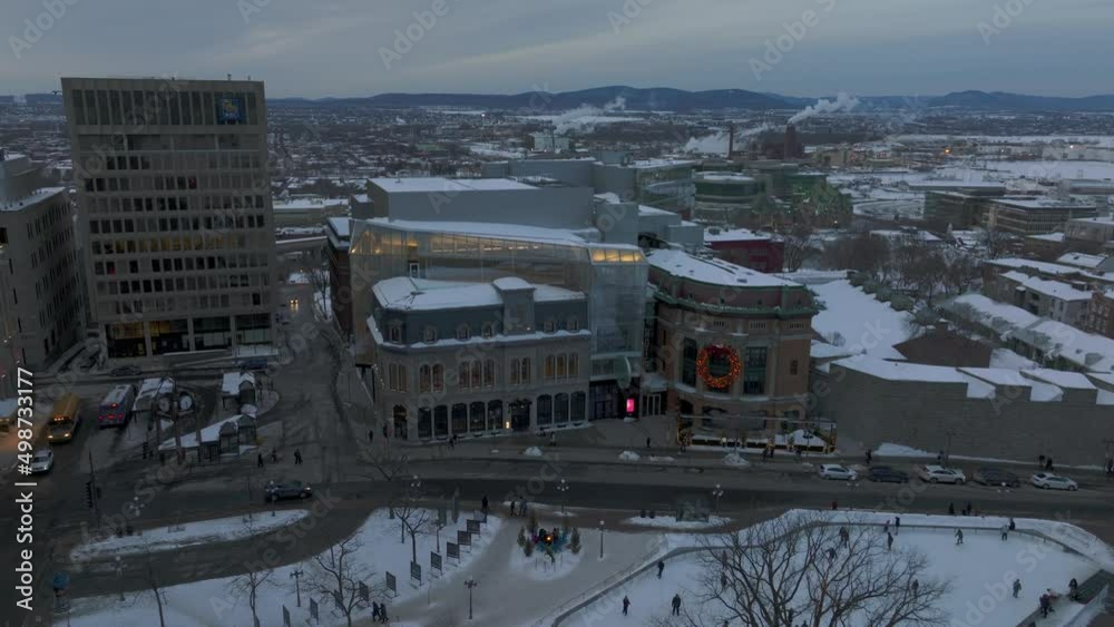 Aerial View Of Le Diamant Theater And Ice Skating Rink At Sunset. Christmas Season In Quebec City, Canada.