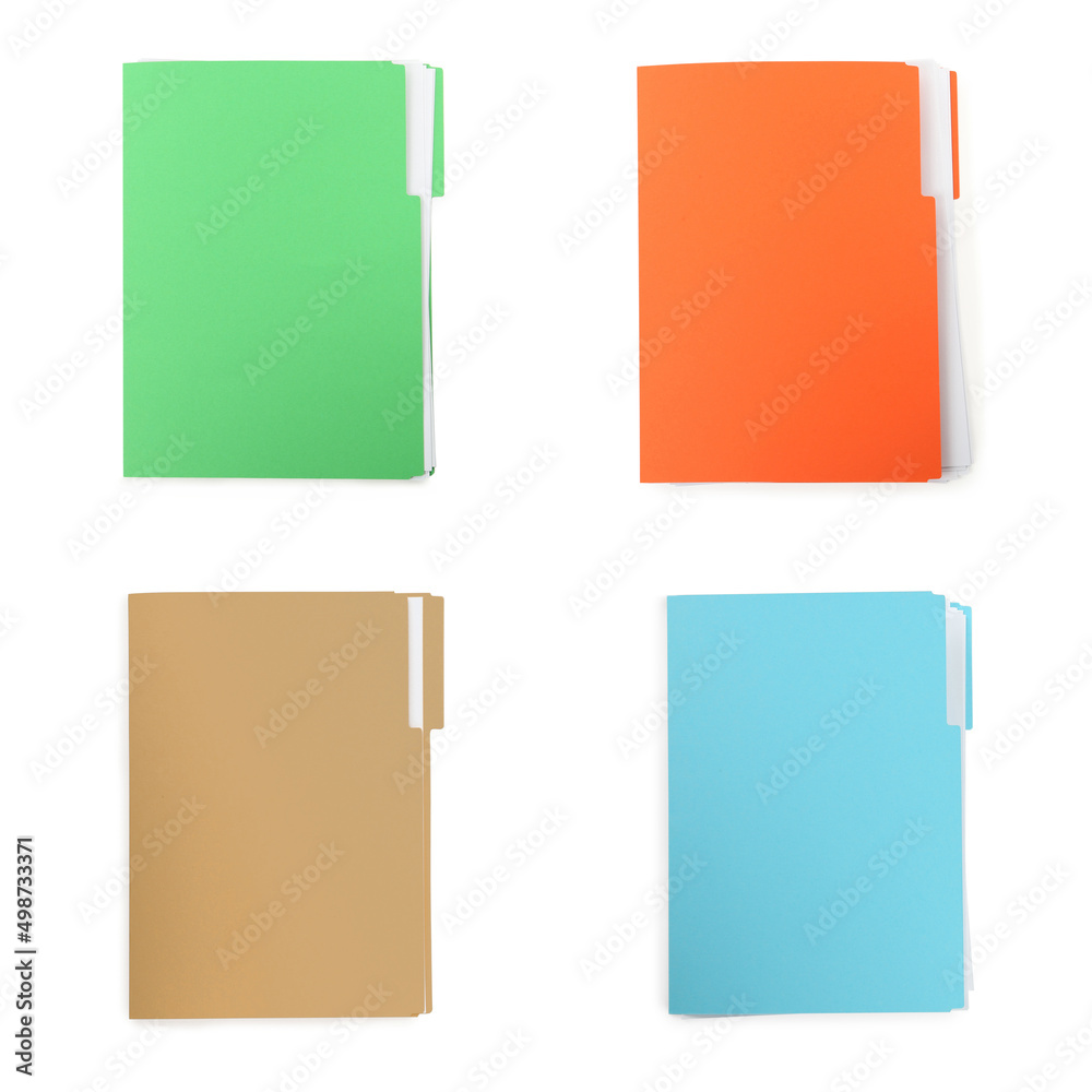 Set of different files with documents on white background, top view Set of different files with documents on white background, top view