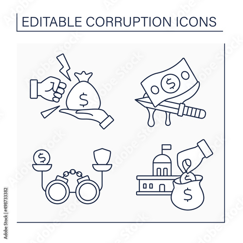 Corruption line icons set. Anti-bribery, bloody money, balance, embezzlement. Crime actions. Illegal acts concept. Isolated vector illustration. Editable stroke