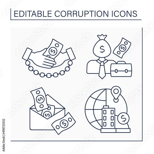 Corruption line icons set. Bribery, corrupt businessman, money envelope, offshore financial center. Crime actions. Illegal acts concept. Isolated vector illustration. Editable stroke