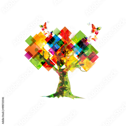 Inspiring nature concept with tree, geometric shapes treetop isolated vector illustration. Creative colorful design with abstract tree and butterflies