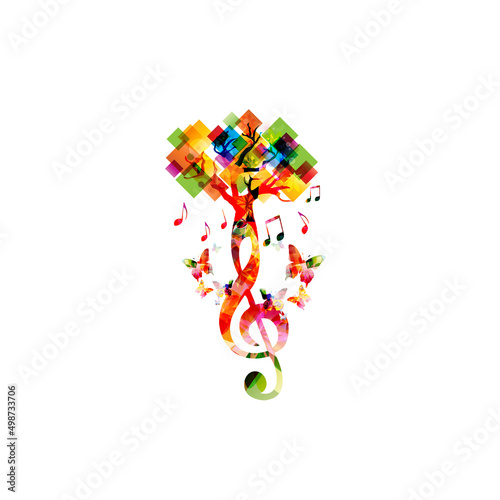 Relaxing music concept with tree and musical notes isolated vector illustration. Calming colorful musical design, nature inspired with treble clef