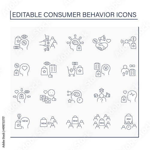 Consumer behavior line icons set. Studying consumer behavior before making purchases. Analysis, research.Marketing concept. Isolated vector illustrations. Editable stroke