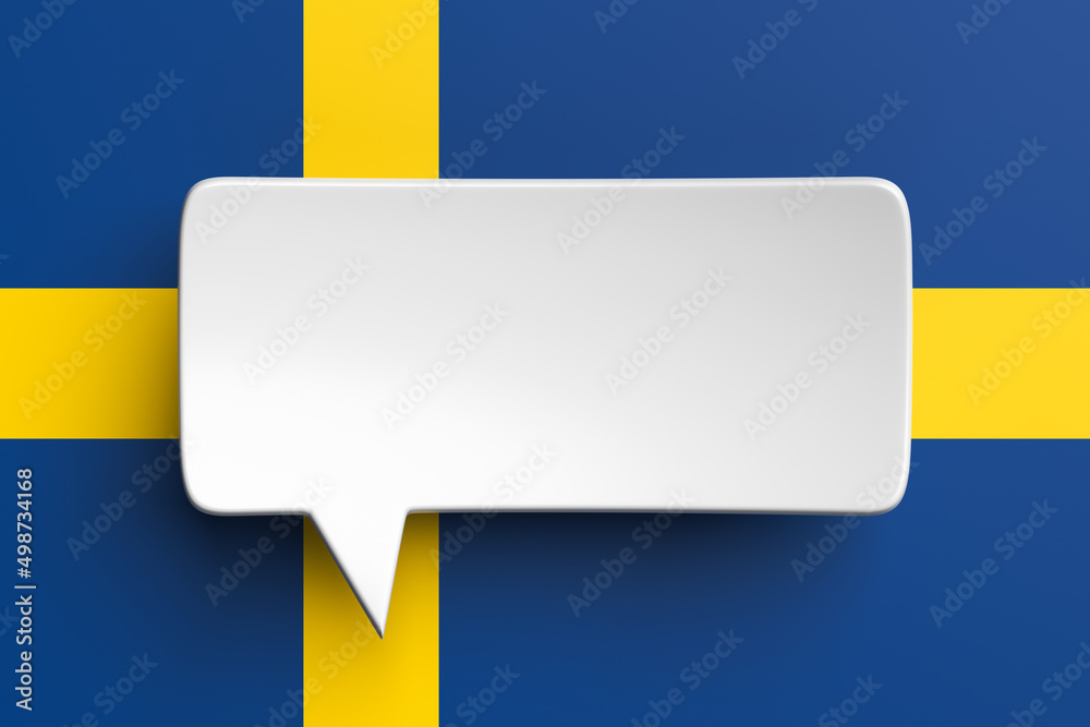 Social media notification icon, white bubble speech on the background of the flag of Sweden. 3D rendering Social media notification icon, white bubble speech on the background of the flag of Sweden. 3D rendering