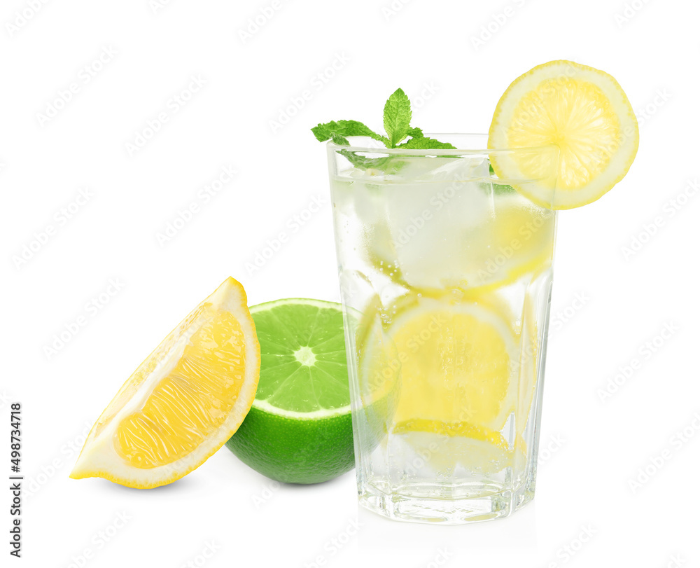 Glass with tasty lemonade and fresh ripe citrus fruits on white background Glass with tasty lemonade and fresh ripe citrus fruits on white background