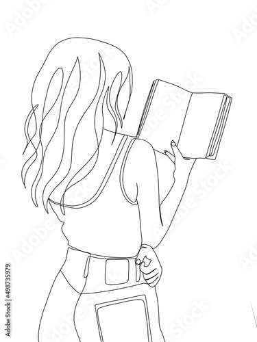 A beautiful woman reading a book is drawn in one line art style. Printable art.