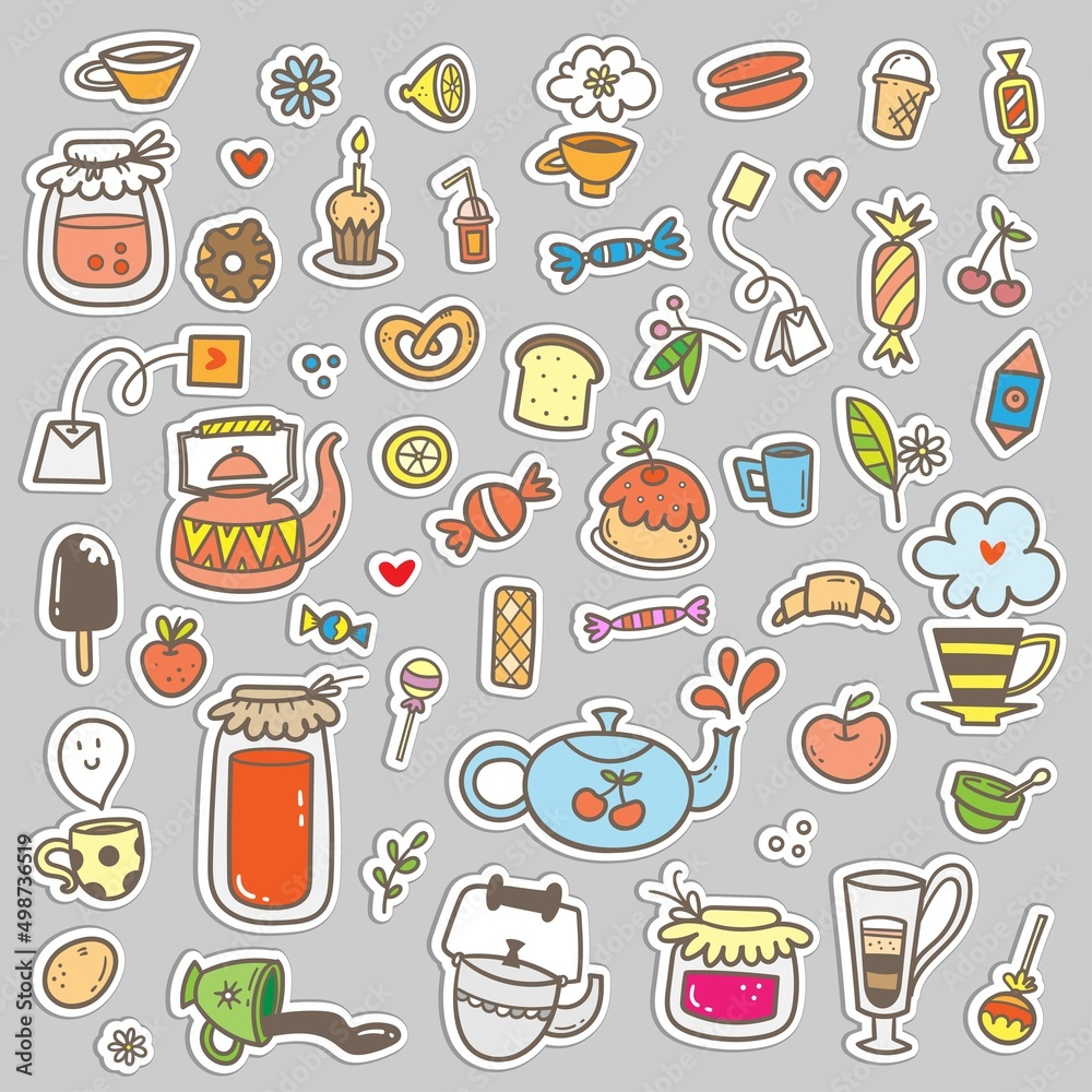 Vector coffee set. Doodle cafe colorful collection. Cute print things food, drinks and utensils.