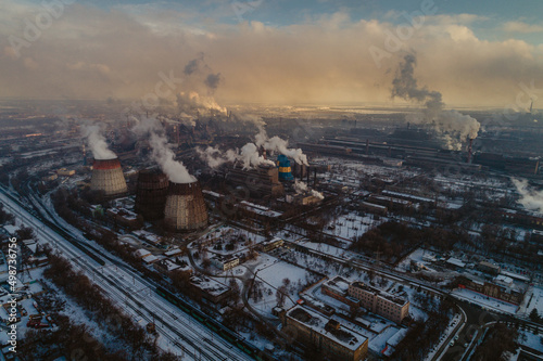 ArcelorMittal Krivoy Rog, Ukraine. Environmental pollution. Iron production. Blast furnace. Metallurgical plant. View of the large metallurgical plant Krivorozhstal